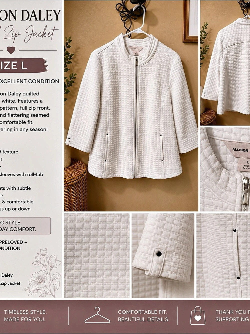 Allison Daley Zip Jacket Quilted White Large Like New